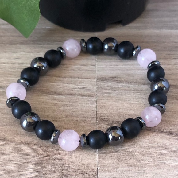 Natural Rose Quartz Stone Stretchable Hematite Round Beaded Bracelet - Picture 2 of 2